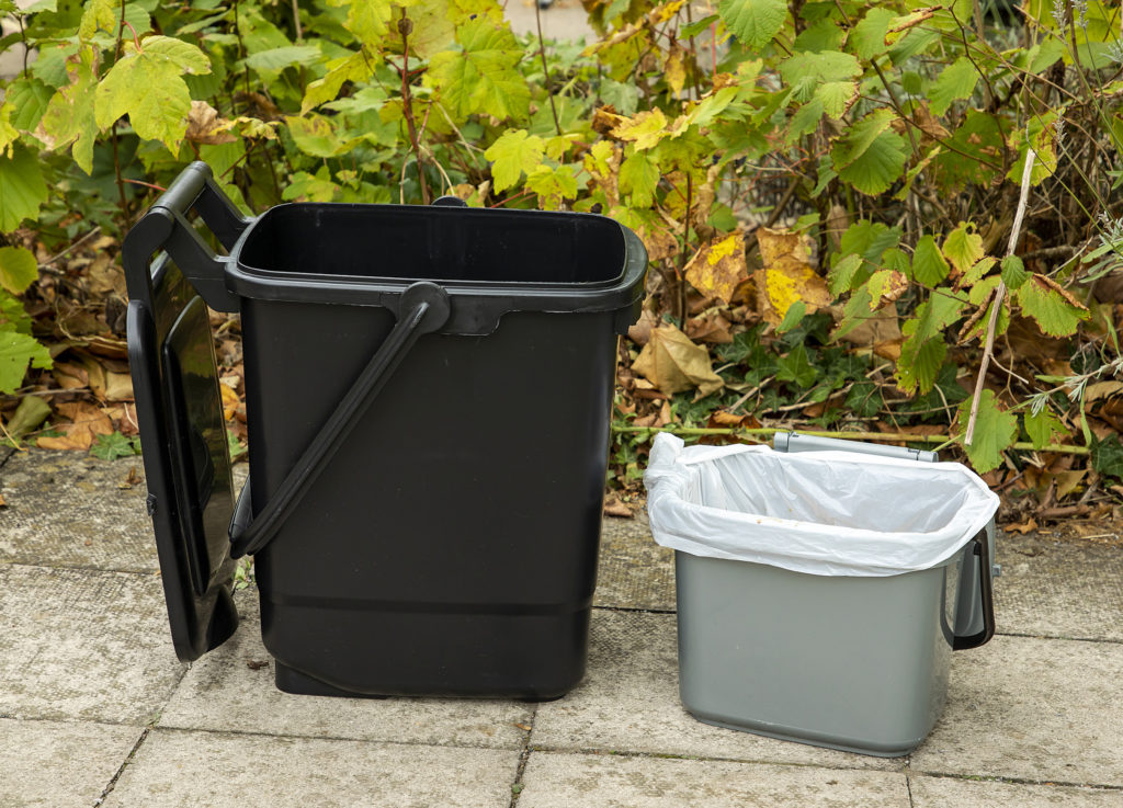 black food waste bin and indoor caddy with bin liner